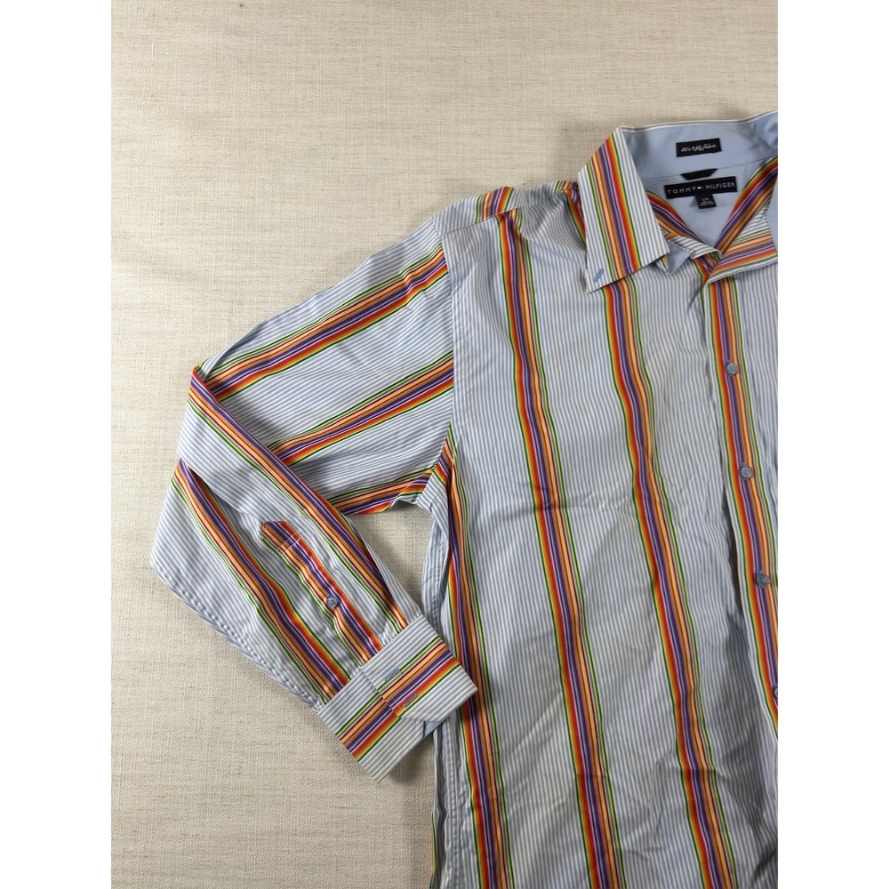 Tommy Hilfiger 80s 2 Ply Shirt Mens L Rainbow Stripe Long Sleeve Button Down - Picture 5 of 9